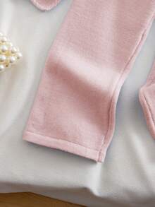 SHEIN Vintaside Kids 女童休閒公主娃娃風粉色花卉蝴蝶結尖擺高領針織毛衣＋寬腿褲兩件套，秋季穿搭 - 粉色 - 查看 3