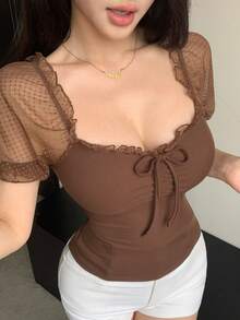 Joudiya 夏季波點透視網紗 T-shirt 棕色蕾絲上衣 婚禮派對修身顯瘦優雅短袖女款上衣 - 棕色 - 查看 3