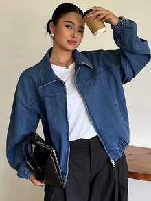 Dazy Plus 淺洗藍色連帽拉鍊寬鬆燈籠袖收口下擺牛仔外套 大尺碼女款夏季 - 中等水洗藍 - 查看 3