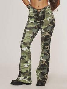 MUSERA Green Camo Denim Contrast Lace Up Flared Jeans - Green - View 2