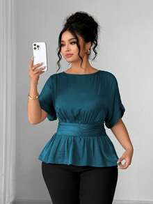 Elenzga Women's Plus Size Island Satin Round Neck Dropped Shoulder Cuffed Sleeve Wide Waist Center Ruched Back Elastic Gathered Short Hem Short Sleeve Blouse, Duck Blue, Elegant French Romantic Vintage Office Commute Business Casual Beach Vacation Street Style Minimalist Versatile Old Money Style Shirt, Wedding Season Valentine's Day Afternoon Tea Party Spring Summer New - Teal Blue - View 5