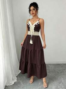 SHEIN Raffinéa 女款春季時尚休閒藍白碎花細肩帶洋裝 - 咖啡 - 查看 7