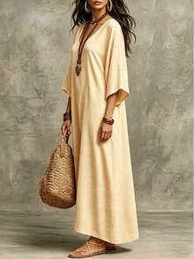 SHEIN Holidaya 女款休閒優雅度假條紋亞麻棉混紡洋裝 - 黃色 - 查看 6
