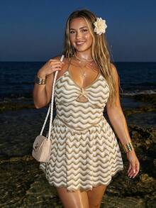 SHEIN ICON 大尺碼女款波浪圖案拼接掛脖綁帶休閒日常針織洋裝 - 綠色 - 查看 1