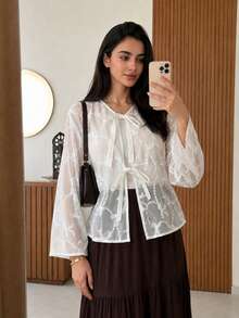 Solavon Women's Floral Print Tie-Front Casual Modest Versatile Everyday Outing Shirt Brunch White Summer - White - View 2