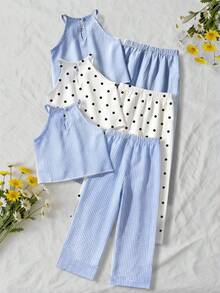 SHEIN Vintaside Kids 女童休閒簡約時尚條紋紋理圓領掛脖無袖短版藍條紋紋理布料背心上衣搭配彈性腰帶素色寬鬆長休閒長褲套裝，女童開學服裝，女童夏季出遊與度假服裝 - 藍色 - 查看 5