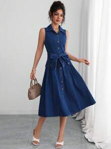 Selianne Women's Single-Breasted Waist-Knot Sleeveless Casual Denim Dress - Dark Wash - View 5