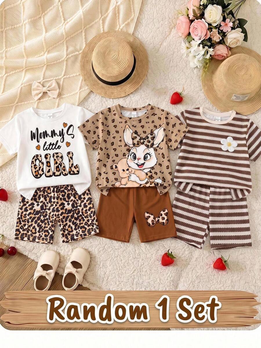 1 Set Random Young Girls Value Surprise Hidden Blind Box Random Short Sleeve Round Neck Top And Shorts Set, Printed With Letter Back To School - Multicolor - View 1