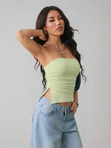 SHEIN PETITE 女款夏季休閒純色側開衩抹胸上衣 - 薄荷綠 - 查看 5