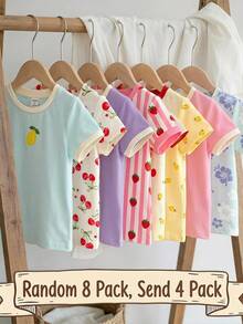 SHEIN 4pcs/Set Baby Girl Cute Fruit Print T-Shirts,Pink And White,Summer,Graduation,Short Sleeve Round Neck Tops,Casual Sweet Strawberry Lemon Cherry Tees - Multicolor - View 12