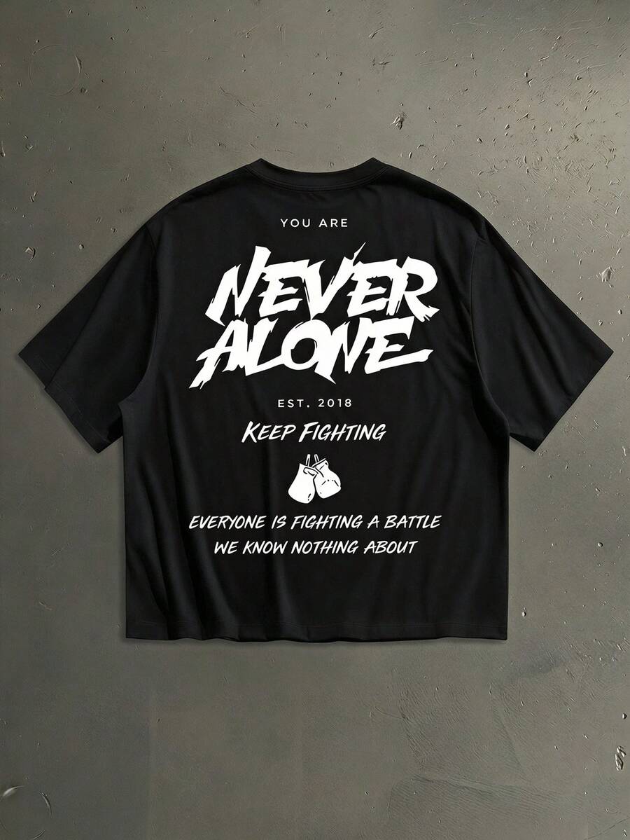 StoneGrade Plus Size Men's Casual Slogan Printed T-Shirt, Summer Boxing Shirt Never Alone Shirt - Black - View 1