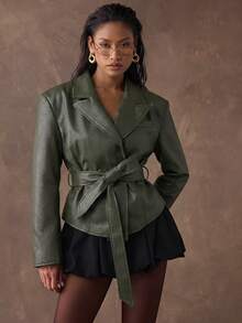 SHEIN BAE 女款時尚通勤復古腰帶夾克外套 - 軍綠色 - 查看 3