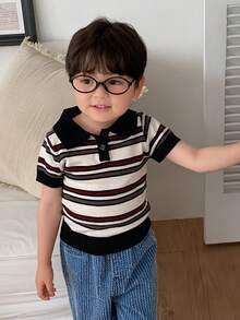 DAZY Infant/Toddler (Boy) Polo Collar Striped Short Sleeve Spring/Summer Knit Top - Black and White - View 5
