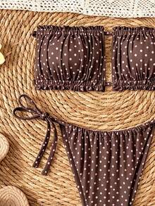 Swim Basics 女款夏季海灘波點抓皺抹胸比基尼上衣與三角褲兩件式泳衣套裝 - 彩色 - 查看 3
