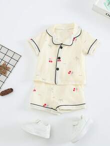 Conjunto de ropa de estar en casa de doble capa de hilo de algodón con estampado de lazos de cereza, suave & cómodo - Albaricoque - Ver 6