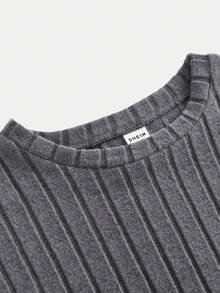 SHEIN 兒童青少年女孩新款法式風落肩羅紋針織T恤與內搭褲兩件套，返校季節慶穿搭，萬聖節秋冬裝 - 深灰色 - 查看 4