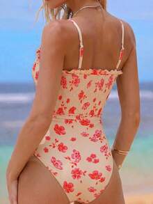 Swim Vcay White Random Print Smocked One-Piece Swimsuit With Adjustable Shoulder Straps, Tropical Boho Beach Vacation Swimwear For Women Summer - Yellow - View 5