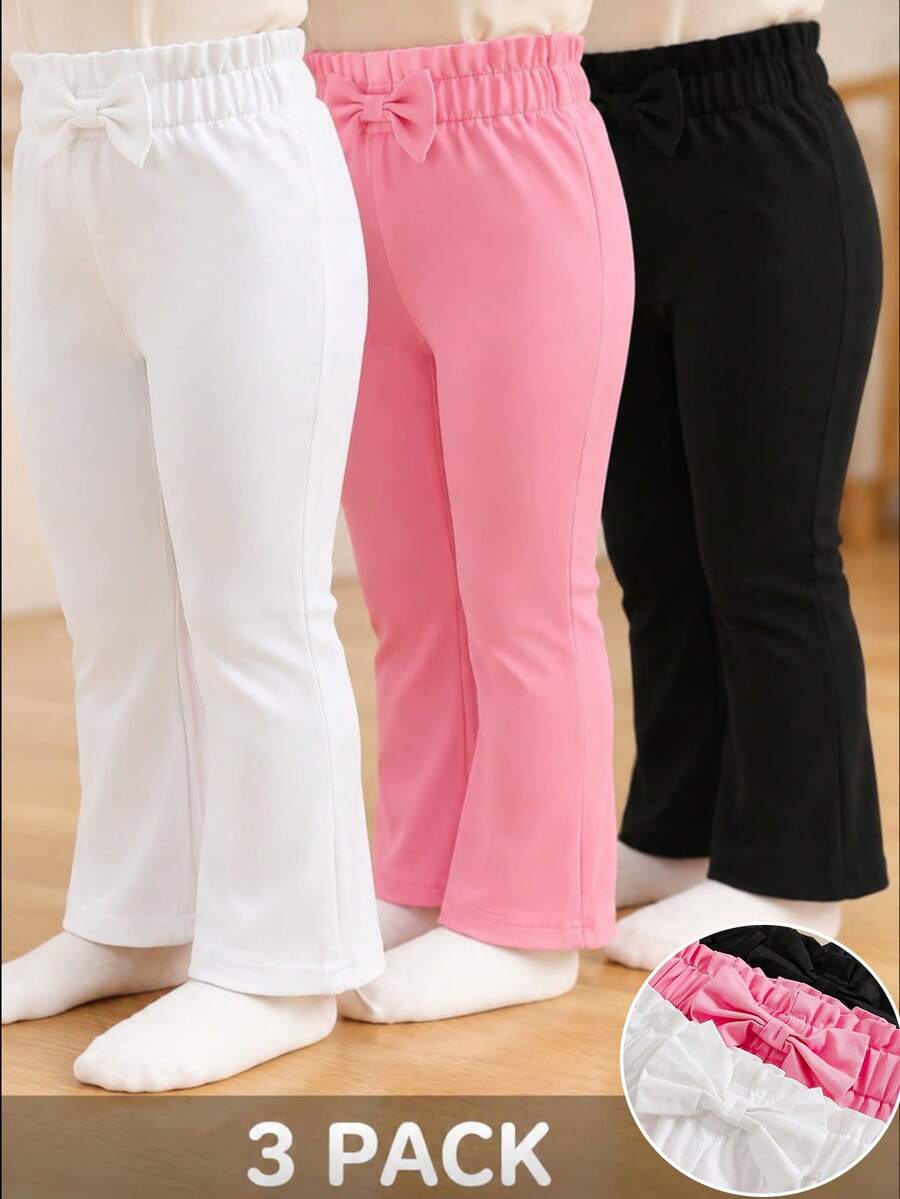 SHEIN 女嬰春夏秋冬高級純色純棉3D蝴蝶結直筒褲3件套，適合日常穿著與外出 - 彩色 - 查看 1