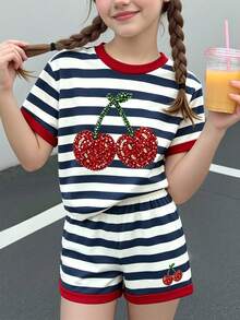 2pcs/Set Young Girl Casual Retro Colorful Striped Faux Cherry Rhinestone Print Round Neck Short Sleeve T-Shirt, Comfortable Summer And Autumn Style, Suitable For Daily Wear - Multicolor - View 4