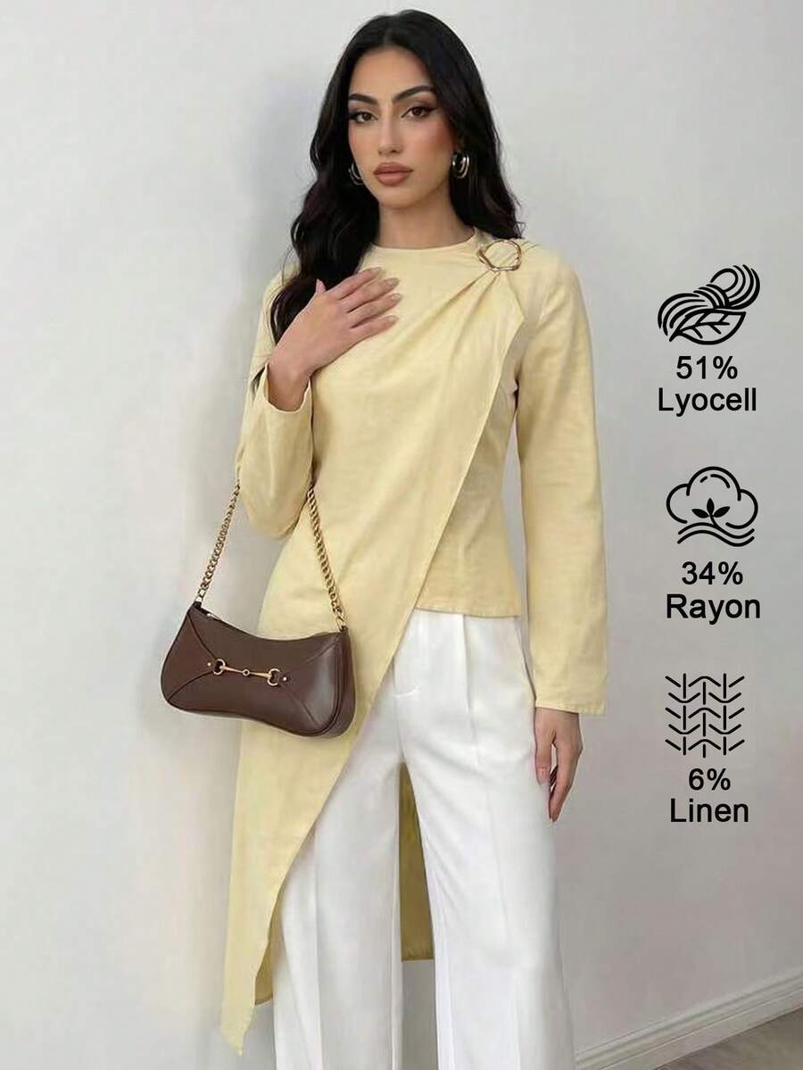 Elenzga Kemeja Wanita Model Lilitan dengan Hem Asimetris Warna Polos - Kuning - View 1