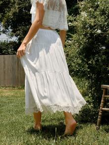 WESTFADE Drawstring Waist Tiered Ruffle Lace Midi Skirt, Back To School, Country Concert Outfit, Festival, Casual, Western, Vacation - White - View 2