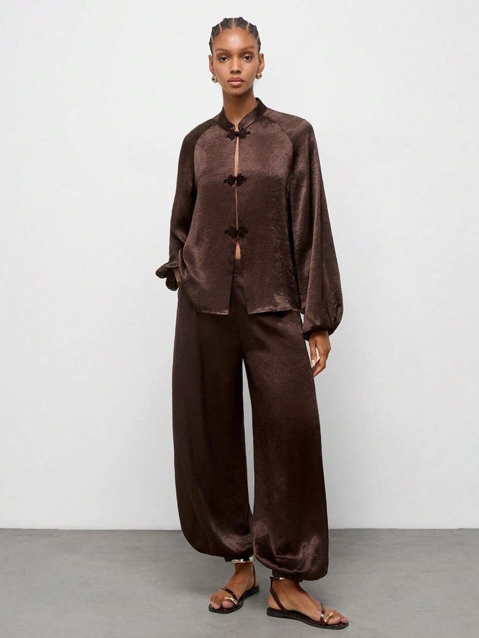SHEIN Maija Brown New Chinese Style Frog Button Lantern Sleeve Satin Glossy Long Sleeve Blouse For Women
