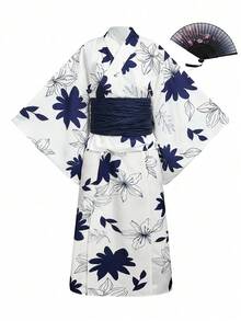 Irokai Floral Pattern Kimono Sleeve Robe And Camisole Dress Yukata Set - Blue and White - View 3