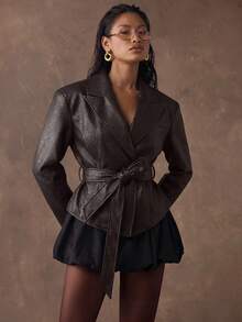 SHEIN BAE Women's Fashion Commuter Retro Belted Jacket - Coffee Brown - View 5