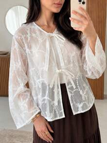 Solavon Women's Floral Print Tie-Front Casual Modest Versatile Everyday Outing Shirt Brunch White Summer - White - View 4