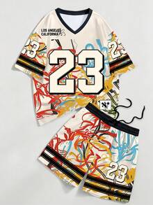 Chillumni 中性款 Los Angeles & California #23 塗鴉印花 V 領短袖運動時尚休閒短褲 2 件套，米色，夏季，街頭風，上班，寬鬆 - 彩色 - 查看 1