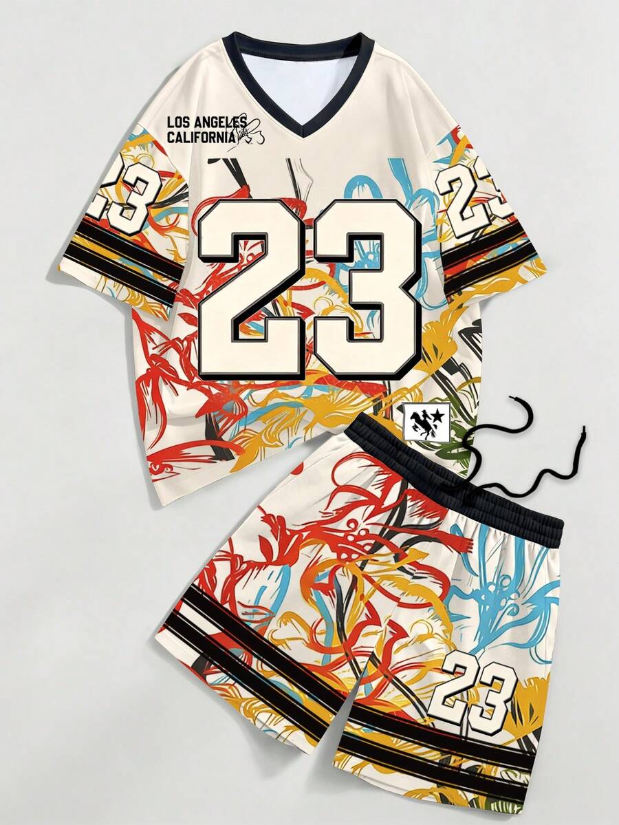 Chillumni 中性款 Los Angeles & California #23 塗鴉印花 V 領短袖運動時尚休閒短褲 2 件套,米色,夏季,街頭風,上班,寬鬆 - 彩色 - 查看 1