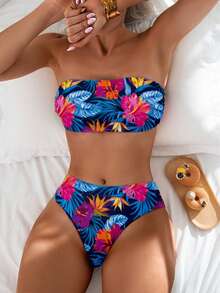 Swim Lushoire 女款 2 件式花卉印花平口比基尼套裝，度假適用 - 彩色 - 查看 1