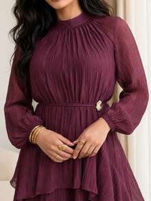Solavon Plus Size Women's Elegant Dress With Stand Collar, Raglan Lantern Sleeves And Ruffle Hem Fall - Burgundy - View 4