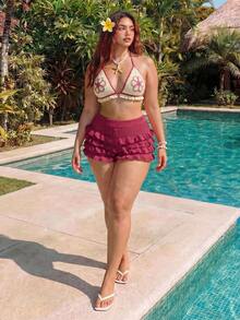 ROMWE Plus Size Spring Cute Floral Triangle Cup Swimsuit With Knit Beach Cover-Up Top And Mini Shorts Set - Hot Pink - View 11