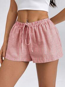 SHEIN PETITE 女款條紋低腰短褲，適合夏季度假海灘 - 紅色 - 查看 5