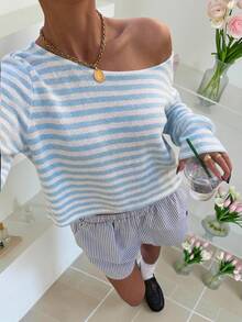 Muchica Blue And White Casual Business Casual Plus Size T-Shirt For Women Vacation Autumn Fall Vacation Vacation Vacation - Baby Blue - View 3