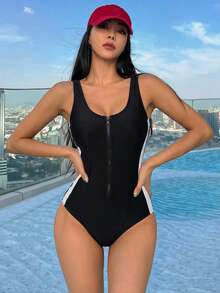 Livesso 女款拼色無袖運動保守連身泳衣 夏季海灘運動套裝 黑色 - 黑色 - 查看 3