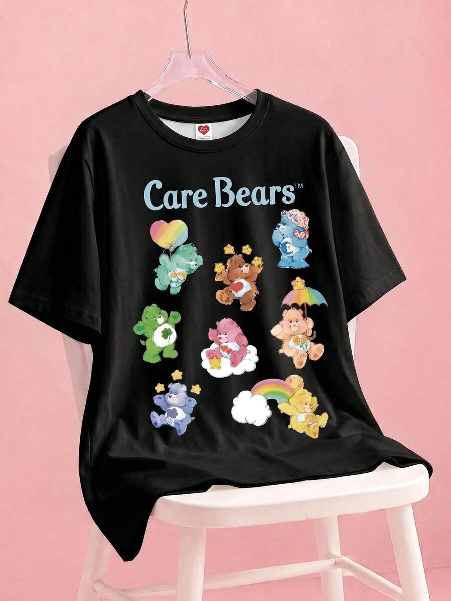 SHEIN X Care Bears Áo thun tay ngắn in hình gấu dễ thương thường ngày cho nữ cỡ lớn mùa hè - màu đen - Xem 1