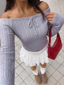 Autumina Simple Sweet Women's Summer Light Blue Off-Shoulder Tie Bow Fitted Knit Sweater Top - Baby Blue - View 3