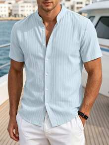 VENTUSAIL Men's Solid Colour Casual Short-Sleeve Shirt, Summer Vacation, Vintage Style For Men - Baby Blue - View 5