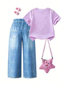Girls' 2-Piece T-Shirt And Pants Set, Purple Short Sleeve Round Neck T-Shirt With Cute Cartoon Anime Print And Pocket, Straight Leg Long Pants, Summer Young Girl' Outfit, Vibrant Summer Vibe, Eye-Catching For Travel And School - Multicolor - View 2