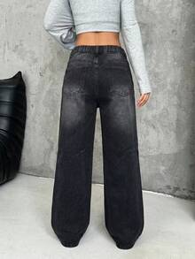 SHEIN 青少年女孩黑色丹寧不對稱腰寬鬆寬腿長褲，搭配白色襯衫 - 黑色 - 查看 2