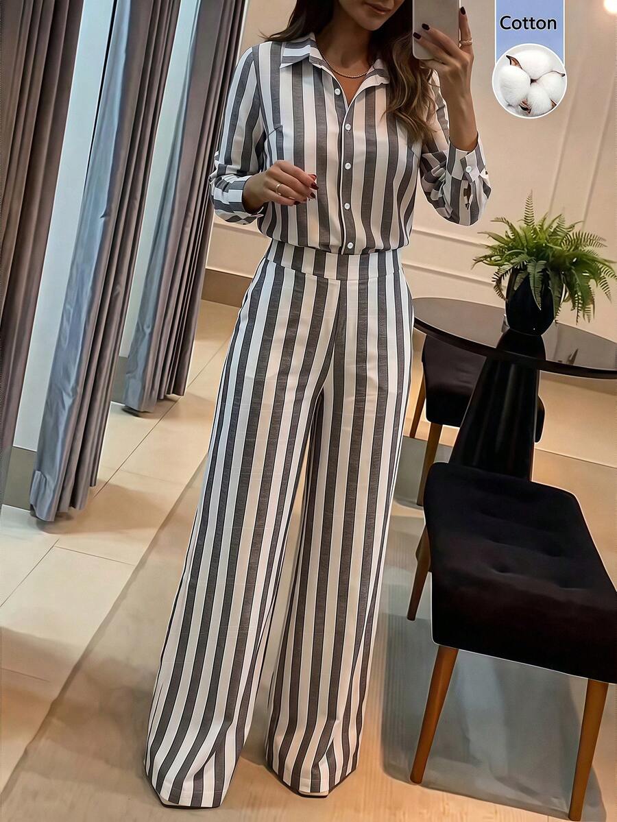 SHEIN Franclia 女款法式優雅休閒通勤返校條紋長袖兩件套 - 彩色 - 查看 1