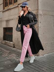 SHEIN ICON 女款高腰口袋休閒百搭牛仔媽媽牛仔褲 - 西瓜粉 - 查看 9