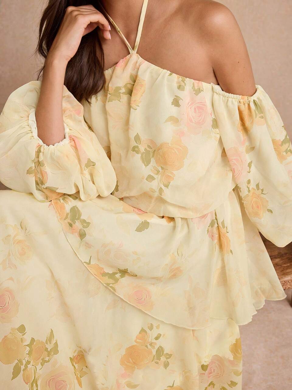 Enchnt Premium Summer Romantic Women's Elegant Orange Floral Print Lantern Multi-Layered Ruffle Dress, Wedding, Birthday Vacation, Graduation Dress