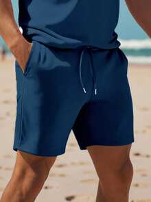 Manfinity Dauomo Setelan Kasual Pria: Kemeja Polo Lengan Pendek Warna Polos dan Celana Pendek - Navy Blue - View 4
