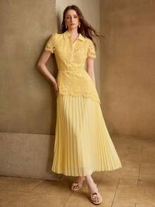 MOTF PREMIUM WOMEN'S AUTUMN/WINTER LACE EMBROIDERED HEM CHIFFON PLEATED PATCHWORK WAIST-CINCHING DRESS - Light Yellow - View 4