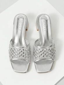 MOTF WOMEN SHOES NEW FRENCH RETRO FASHION SQUARE TOE MESH HOT DRILL HOLLOW THICK HEEL SANDALS, SILVER ELEGANT AND COMFORTABLE VERSATILE SUMMER - Silver rhinestones - View 1