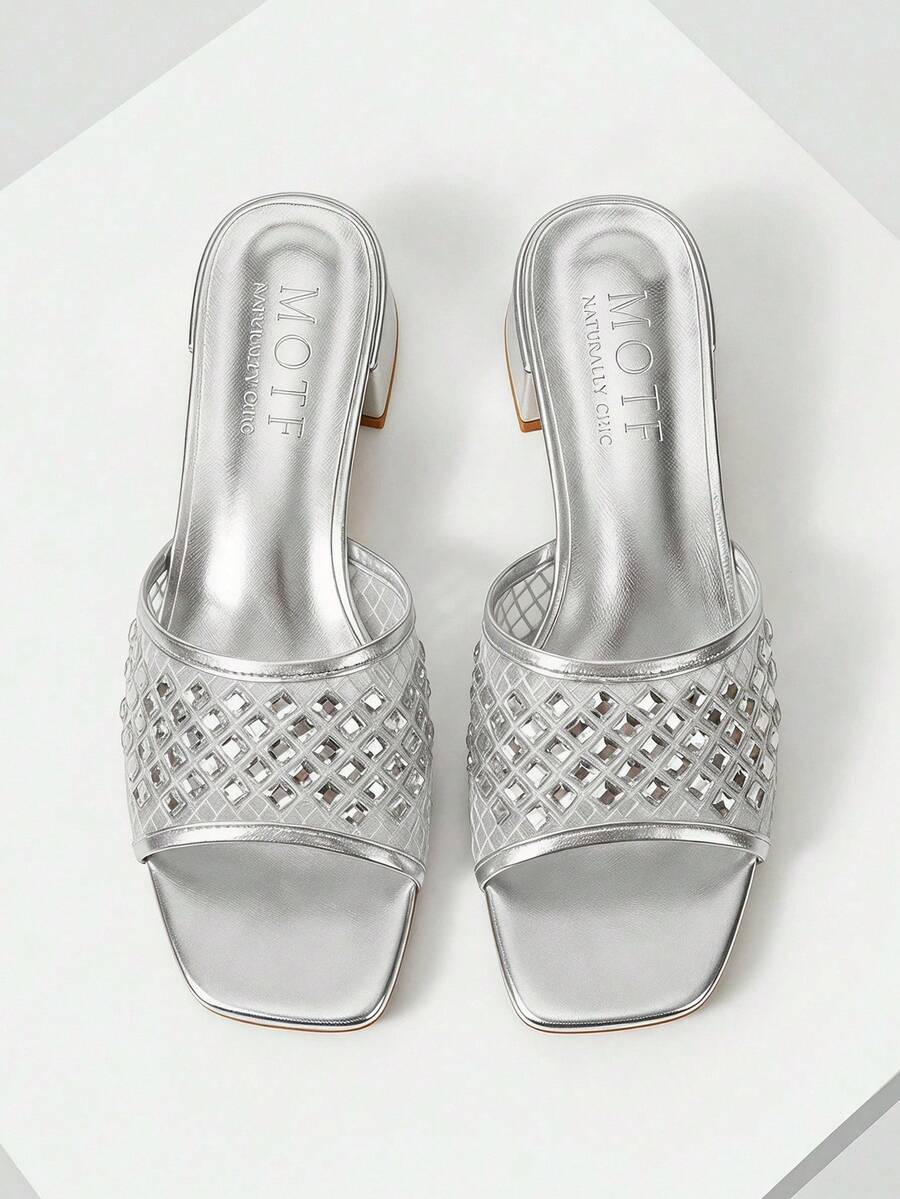 MOTF WOMEN SHOES NEW FRENCH RETRO FASHION SQUARE TOE MESH HOT DRILL HOLLOW THICK HEEL SANDALS, SILVER ELEGANT AND COMFORTABLE VERSATILE SUMMER - Silver rhinestones - View 1