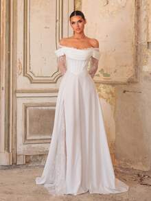 Aureia Elegant Luxurious White Elastic Knit Contrast Lace Cold Shoulder Sheer Sleeve Ruched V-Waist A-Line Hem Wedding Event Bridal Gown Evening Dress - White - View 5